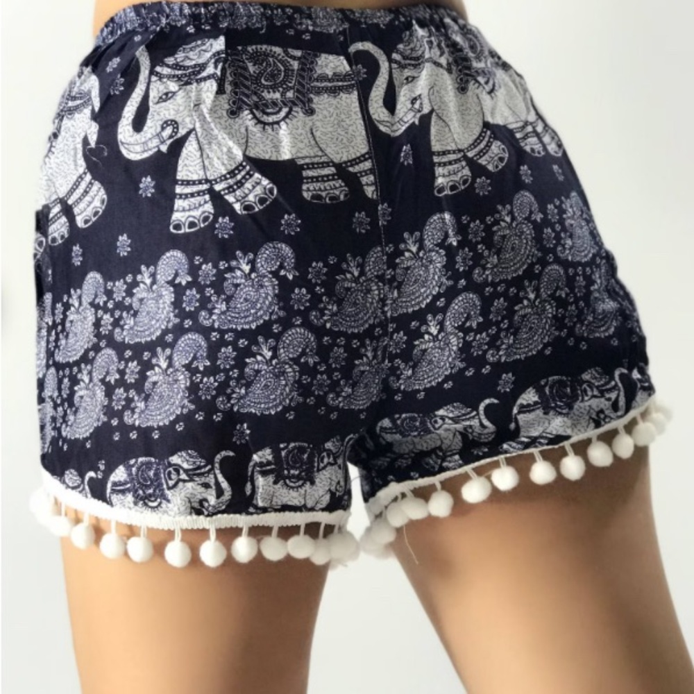 Thai elephant vacation shorts w/ pom-pom detailing | Sz S |Beach|Pool|Travel
